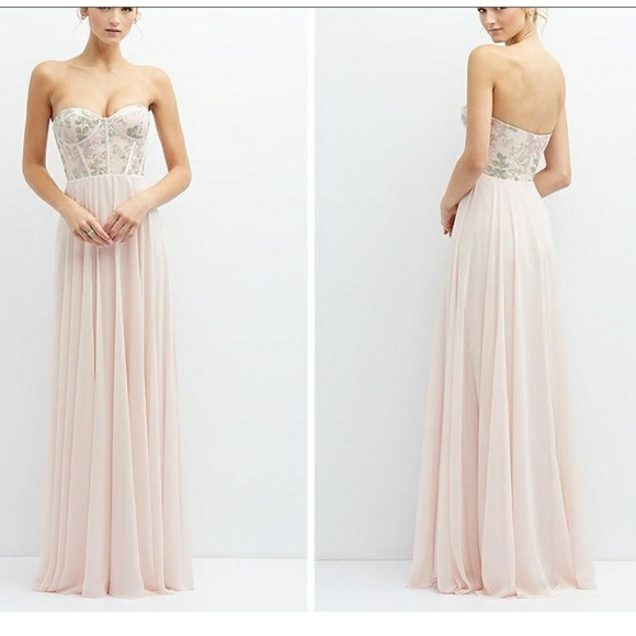 Dessy Collection Strapless Floral Embroidered Corset Maxi Dress Blush - Picture 1 of 14